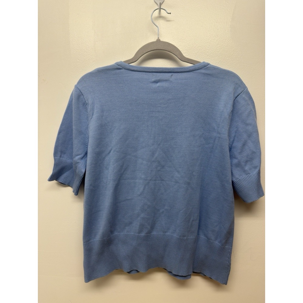 Van Heusen Women's Cardigan Blue Large Ruffles Button Up Short Sleeve cotton #46 - Picture 2 of 6
